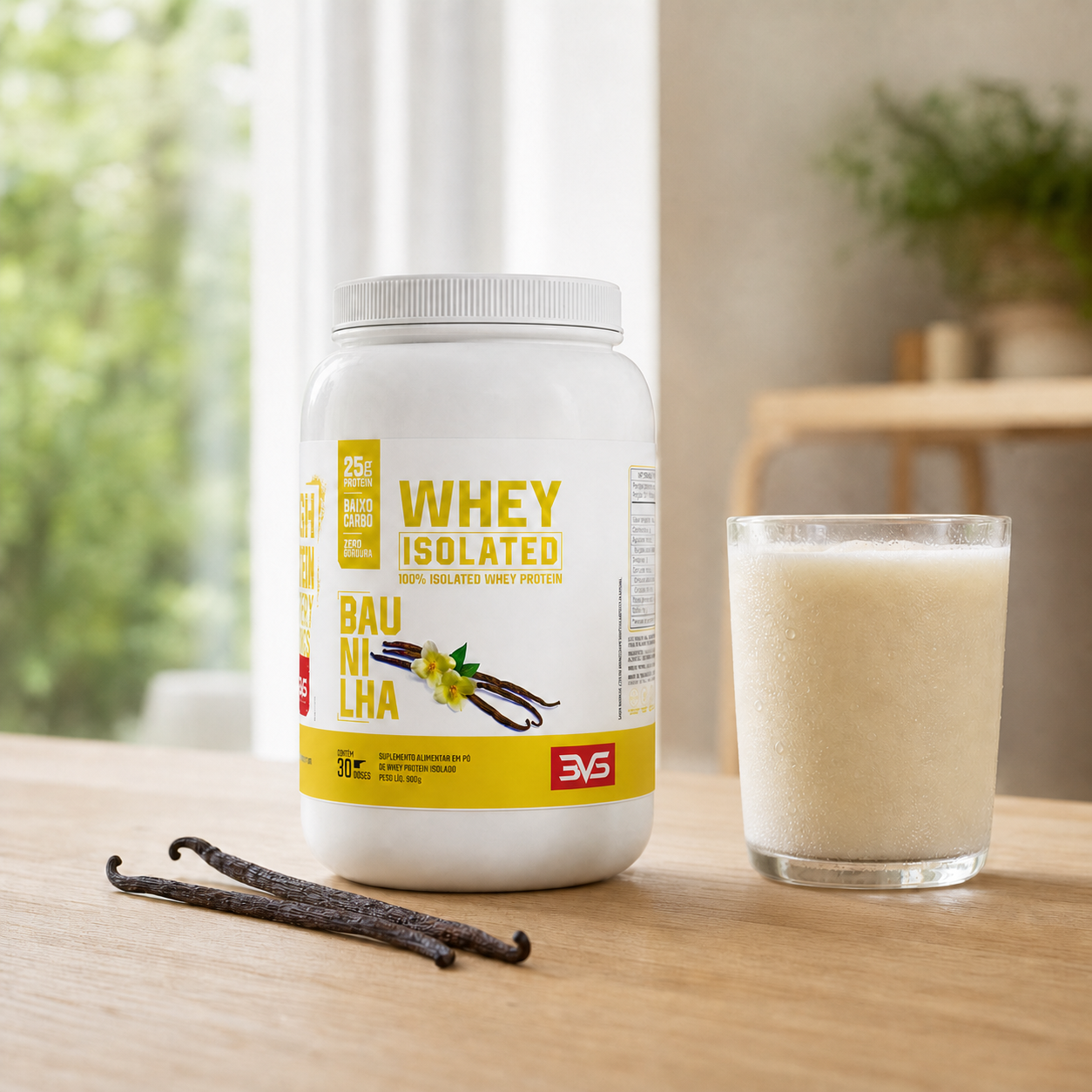 Whey Isolado 900g sabor Baunilha com shake e favas de baunilha