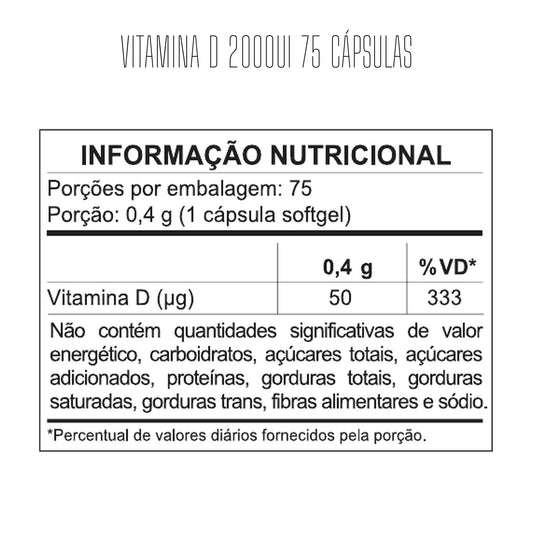 Tabela nutricional — Vitamina D 2000UI com TCM 75 Cápsulas Softgel — SKU 001912