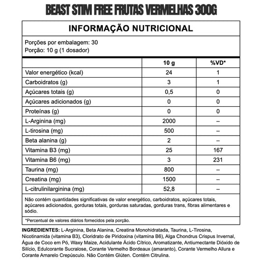 Beast Stim Free — informação nutricional e ingredientes (sabor Frutas Vermelhas)