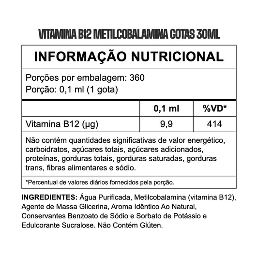 Vitamina B12 Metilcobalamina Gotas 30ml 3VS — tabela nutricional