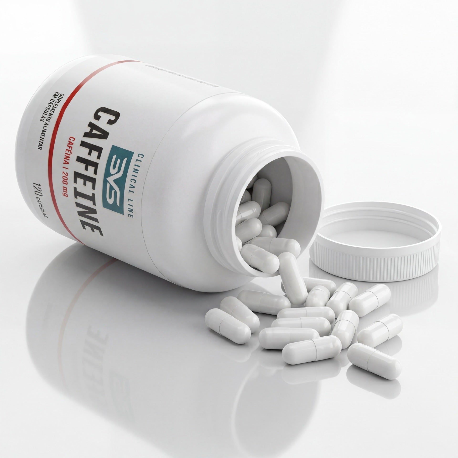 Cafeína 3VS Clinical · 200 mg de cafeína anidra por cápsula · frasco 60 ou 120 cápsulas