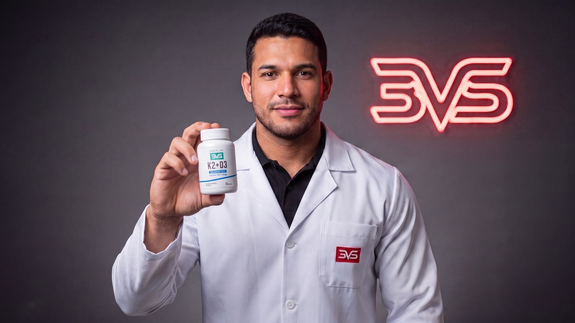 Apresentador de jaleco segurando o frasco de K2+D3 com Colágeno Tipo II 3VS Clinical
