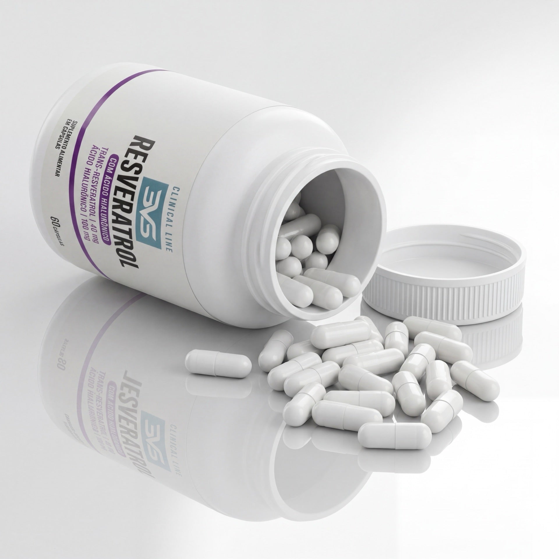 Resveratrol + Ácido Hialurônico 3VS Clinical · 40 mg trans-resveratrol + 100 mg hialuronato de sódio por cápsula
