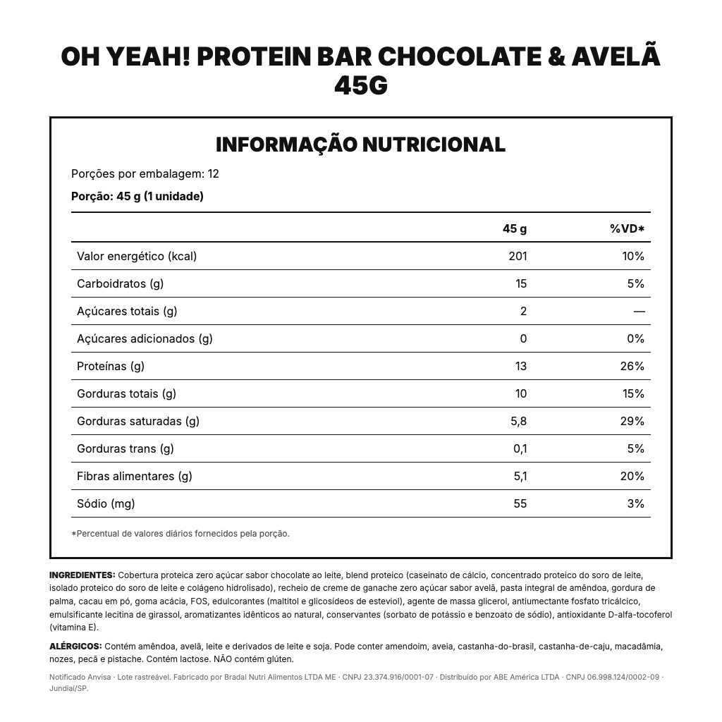 Tabela nutricional e ingredientes