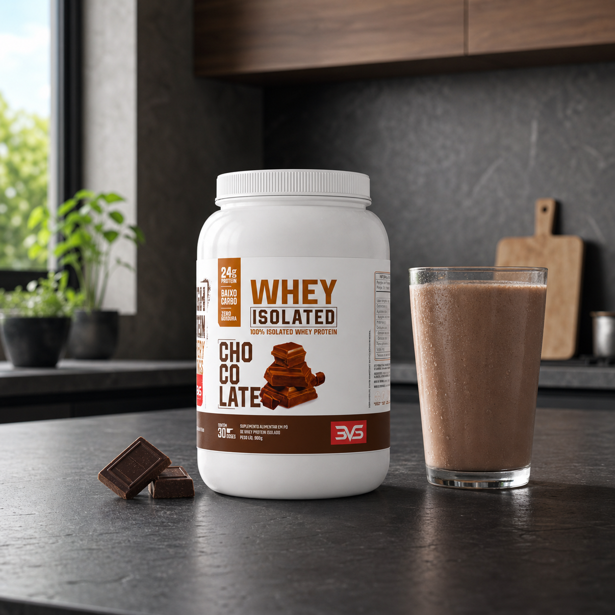 Whey Isolado 900g sabor Chocolate com shake em cozinha contemporânea