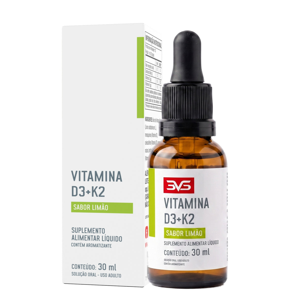 Frasco conta-gotas de Vitamina D3+K2 3VS Clinical, 30 ml, sabor limão, base oleosa de óleo de linhaça, uso adulto.