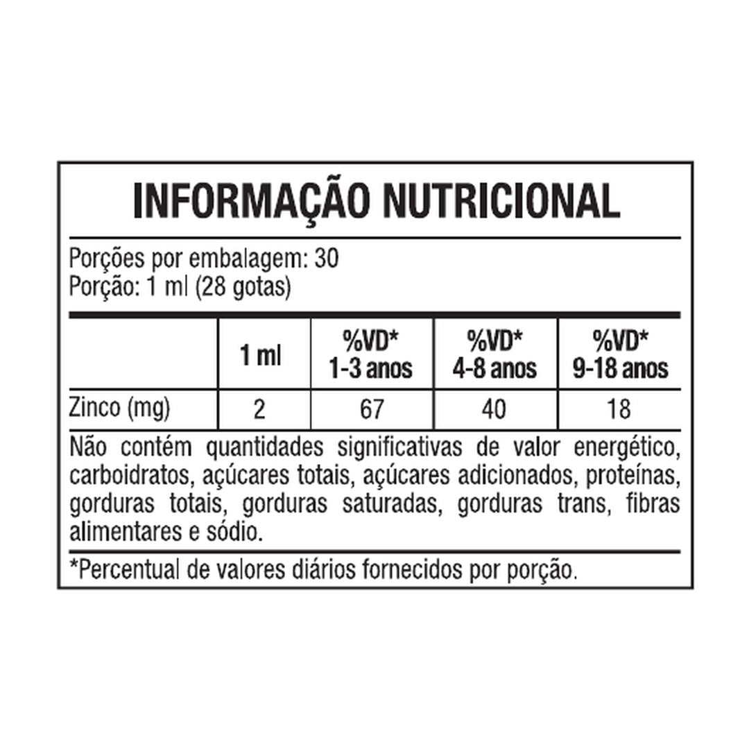 Zinco Kids Gotas 30ml 3VS — tabela nutricional