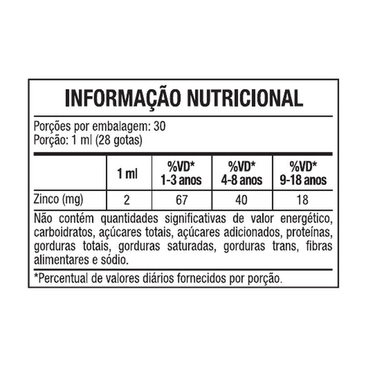 Zinco Kids Gotas 30ml 3VS — tabela nutricional