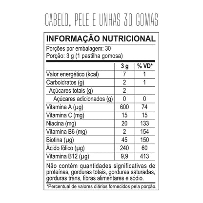 Tabela nutricional — Cabelo, Pele e Unhas 30 Gomas — SKU 002503