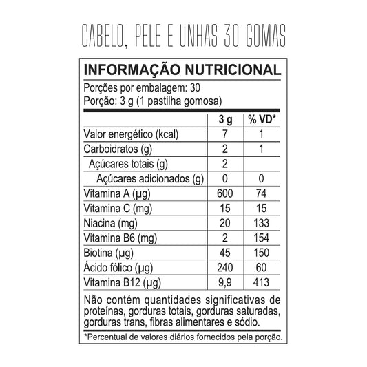 Tabela nutricional — Cabelo, Pele e Unhas 30 Gomas — SKU 002503