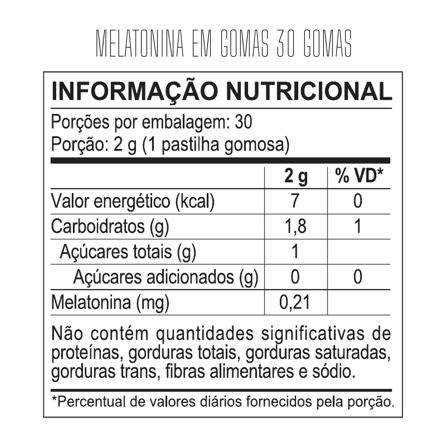 Tabela nutricional — Melatonina em Gomas – 30 Gomas — SKU 002509