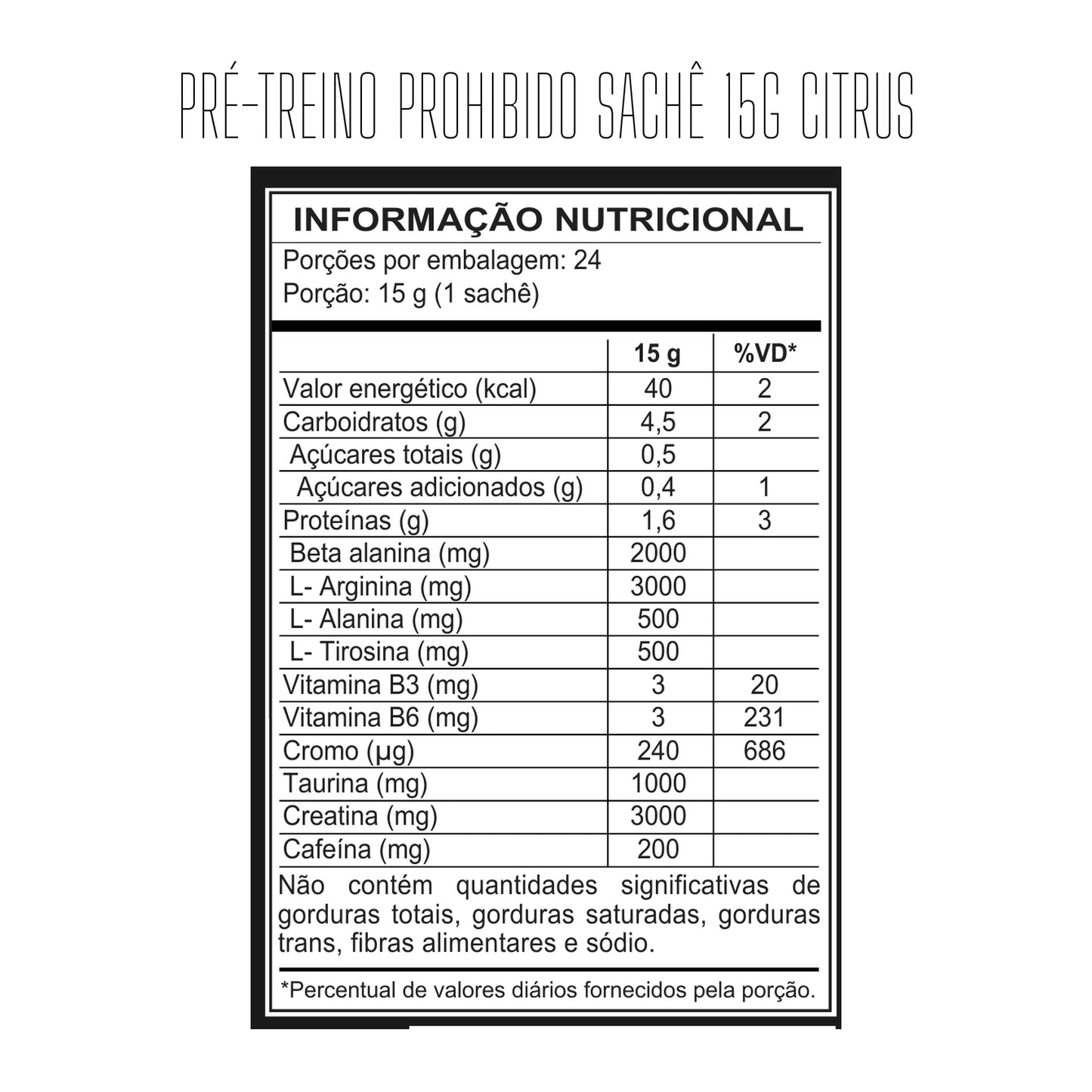 Tabela nutricional — Pré-Treino Prohibido Dose 15g – Caixa com 24 Unidades — SKU 002290