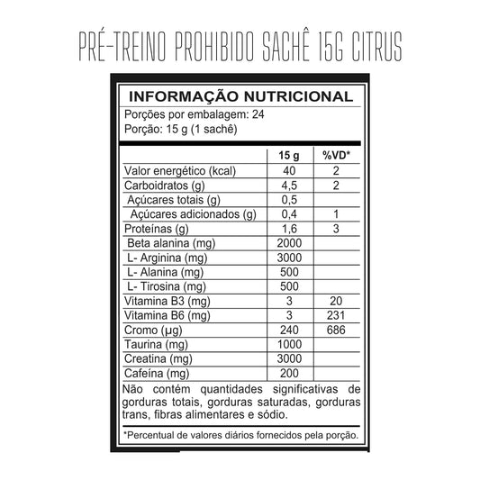 Tabela nutricional — Pré-Treino Prohibido Dose 15g – Caixa com 24 Unidades — SKU 002290