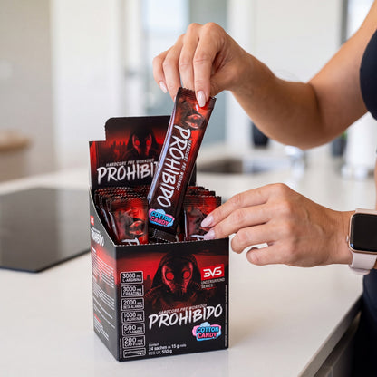 Tirando um dose Prohibido da caixa · pré-treino em pó