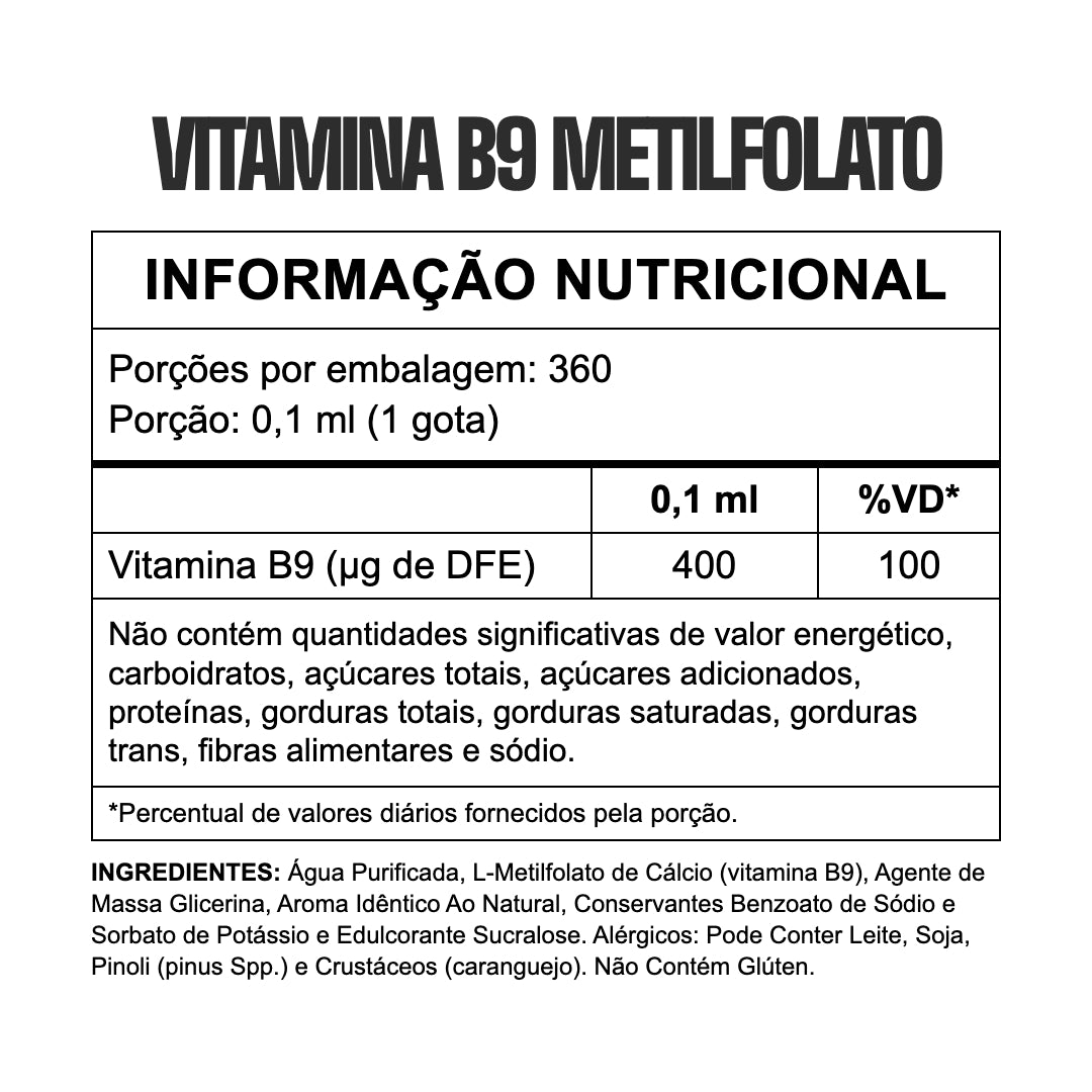 Tabela nutricional Vitamina B9 Metilfolato Gotas 3VS - 400 µg DFE por gota, 360 porções