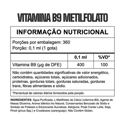 Tabela nutricional Vitamina B9 Metilfolato Gotas 3VS - 400 µg DFE por gota, 360 porções