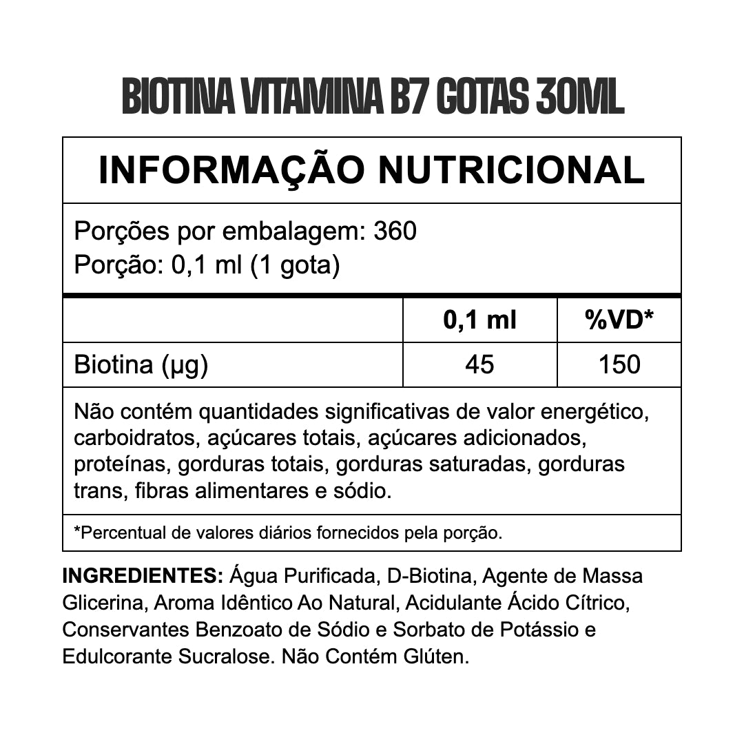 Biotina Vitamina B7 Gotas 30ml 3VS — tabela nutricional
