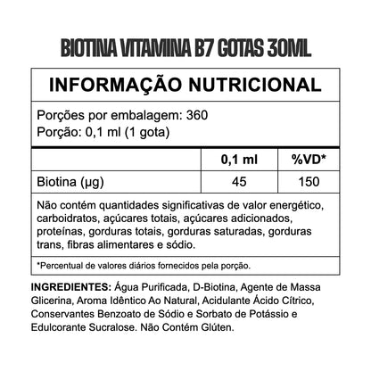 Biotina Vitamina B7 Gotas 30ml 3VS — tabela nutricional
