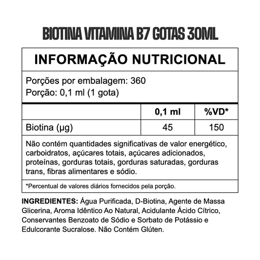 Biotina Vitamina B7 Gotas 30ml 3VS — tabela nutricional