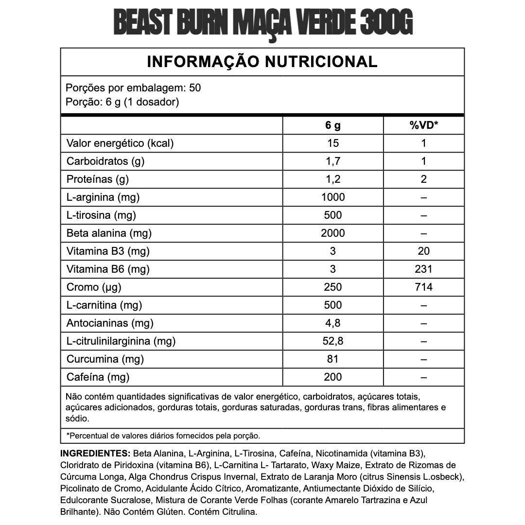 Tabela nutricional — Pré-Treino Beast Burn 300g — SKU 001751