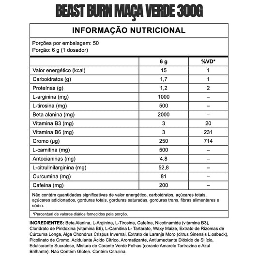Tabela nutricional — Pré-Treino Beast Burn 300g — SKU 001751