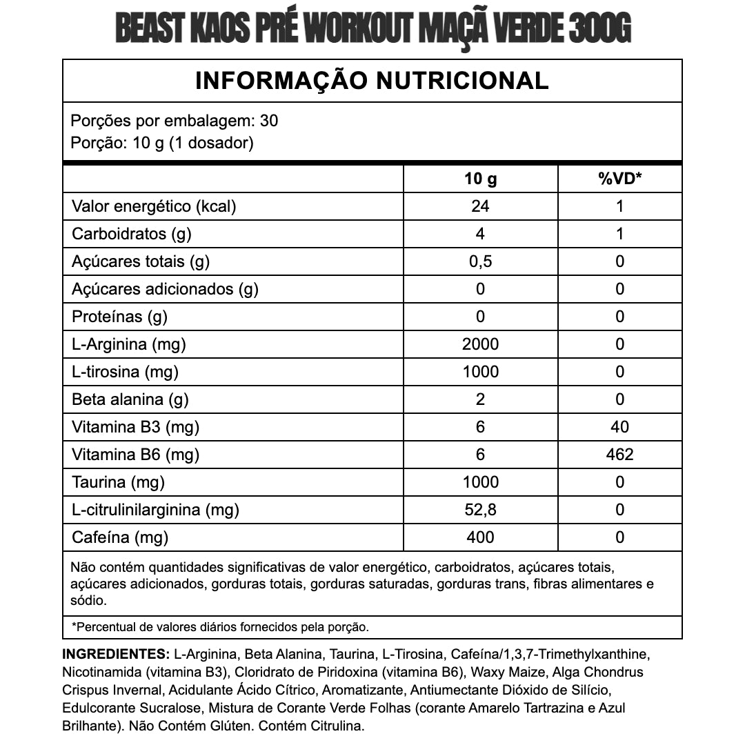 Tabela nutricional — Pré-Treino Beast Kaos 300g — SKU 001771
