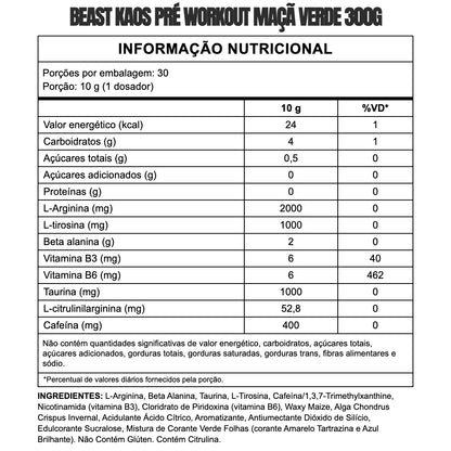 Tabela nutricional — Pré-Treino Beast Kaos 300g — SKU 001771