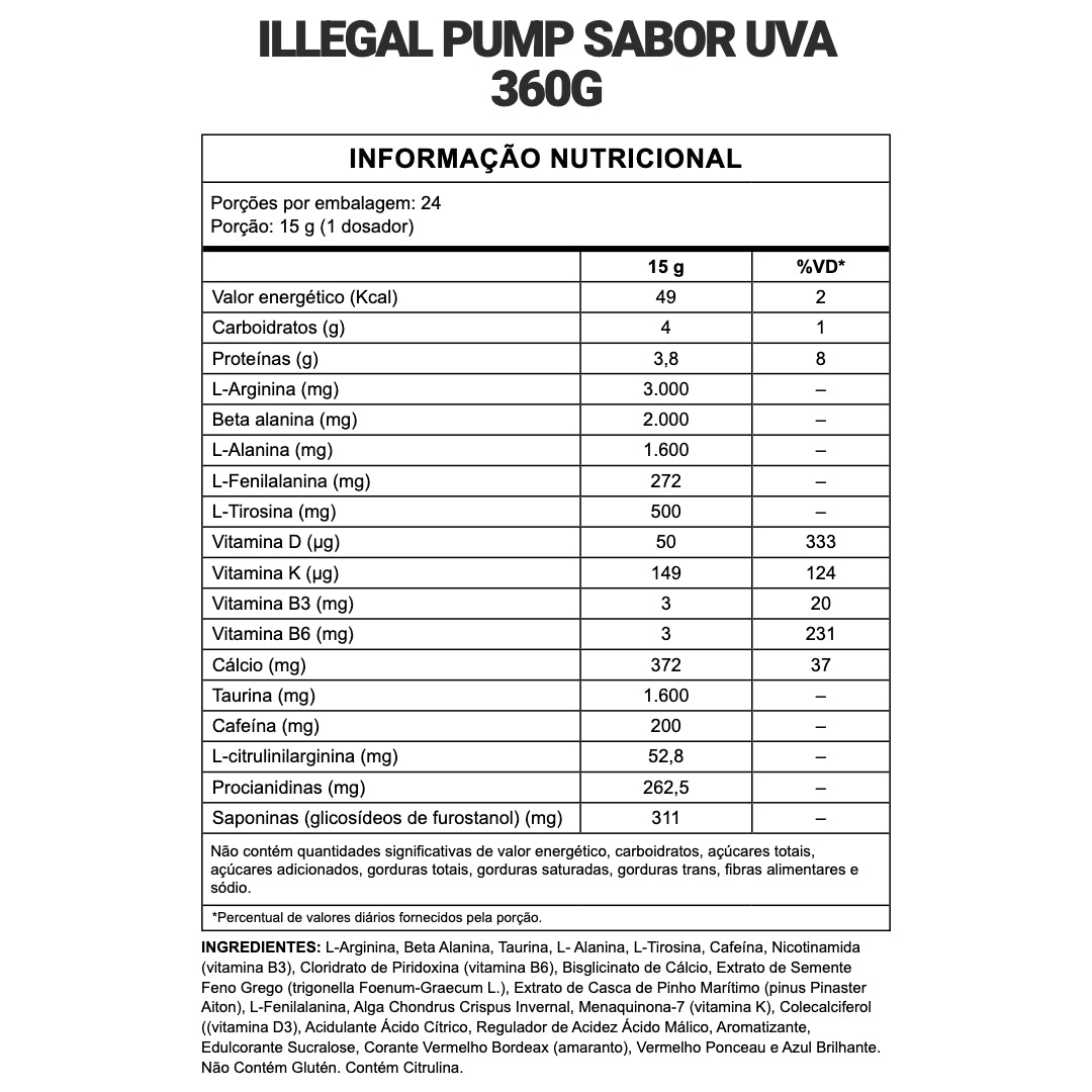 Tabela nutricional — Pré-Treino Vasodilatador Illegal Pump 360g — SKU 002210