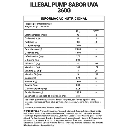 Tabela nutricional — Pré-Treino Vasodilatador Illegal Pump 360g — SKU 002210