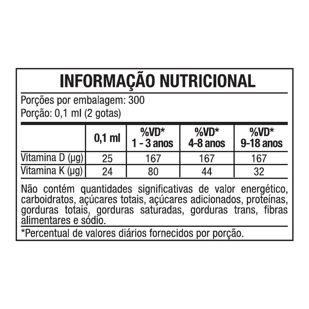 Vitamina D3+K2 Kids Gotas 30ml 3VS — tabela nutricional
