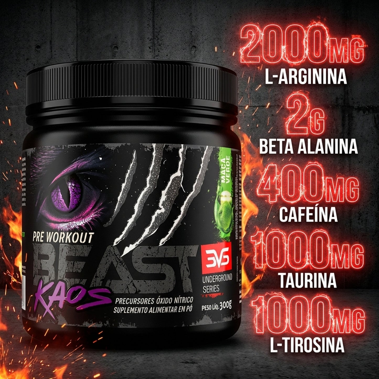 Beast Kaos — 2000mg L-arginina, 2g beta alanina, 400mg cafeína, 1000mg taurina, 1000mg L-tirosina