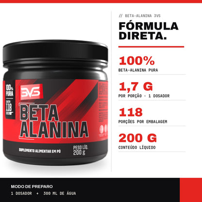 Destaques da Beta Alanina 3VS: 1,7g por porção, 118 porções e 200g