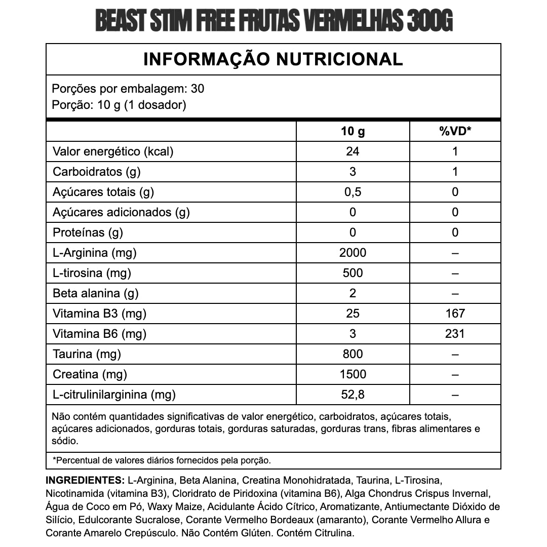 Beast Stim Free — informação nutricional e ingredientes (sabor Frutas Vermelhas)