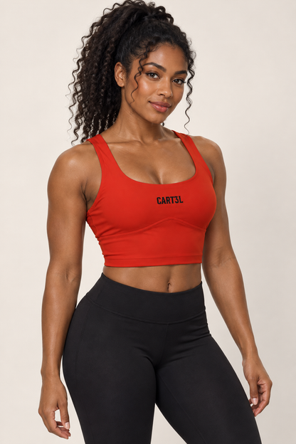 Top CART3L Corset vermelho — vista em três quartos. Imagem ilustrativa.