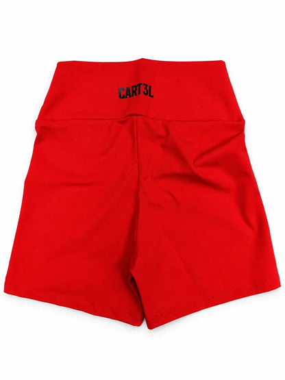 Shorts Cart3l vermelho, vista traseira, logo no cós