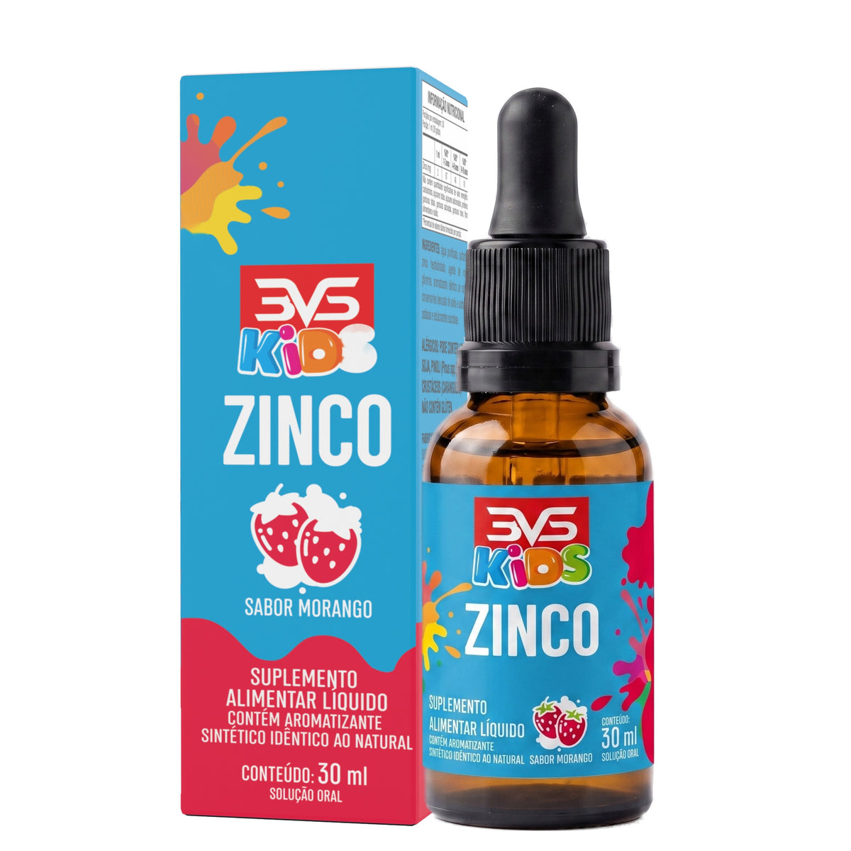 Frasco conta-gotas 3VS Zinco Kids Gotas 30ml sabor morango, linha Clinical, com dose de 1 ml para pessoas de 1 a 18 anos