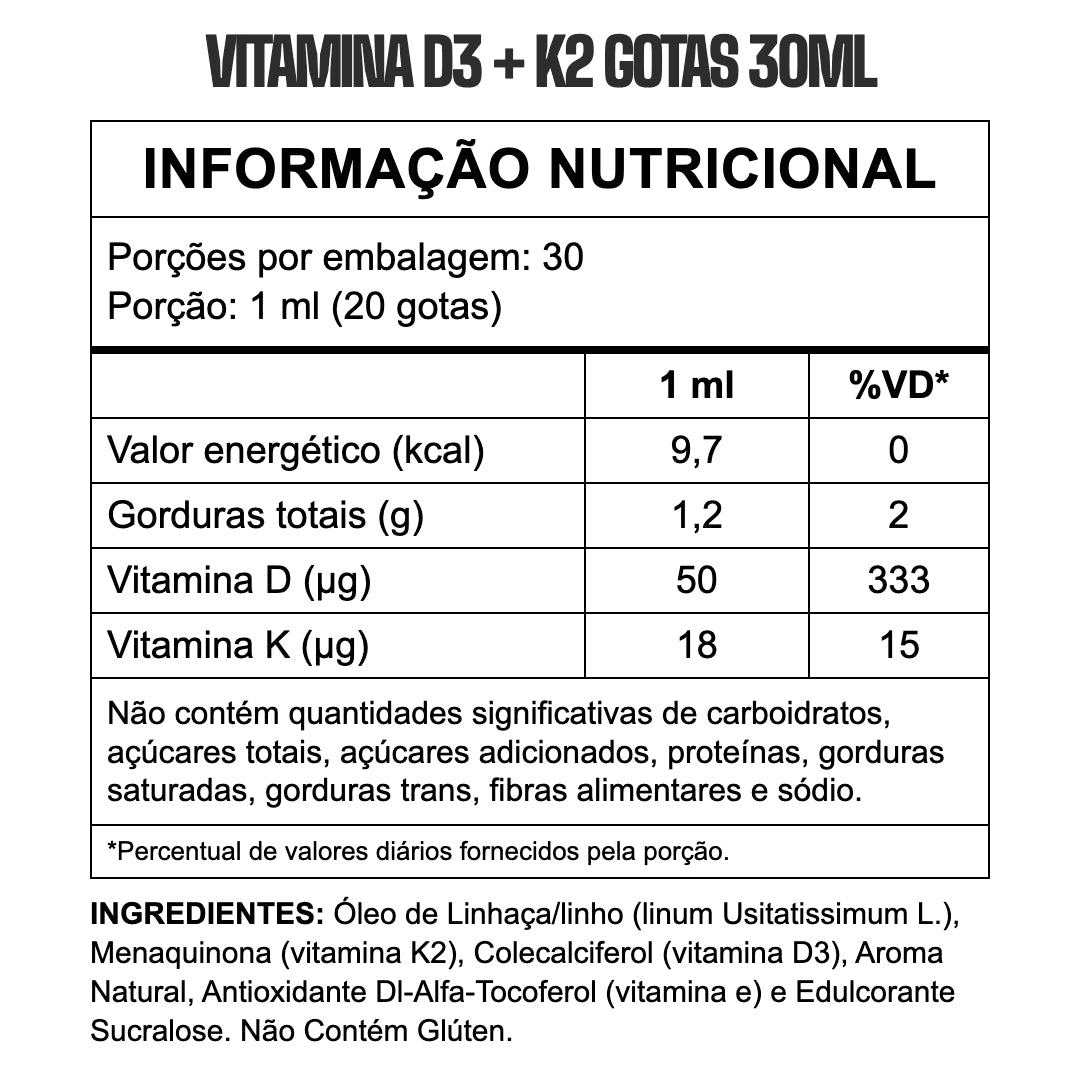 Vitamina D3+K2 Gotas 30ml 3VS — tabela nutricional