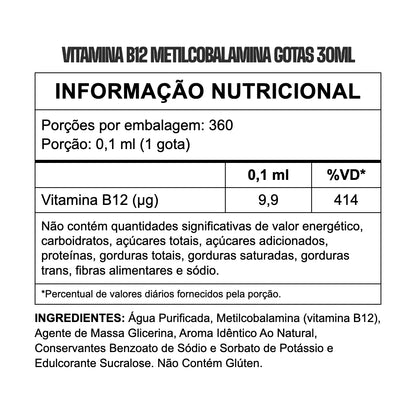 Vitamina B12 Metilcobalamina Gotas 30ml 3VS — tabela nutricional