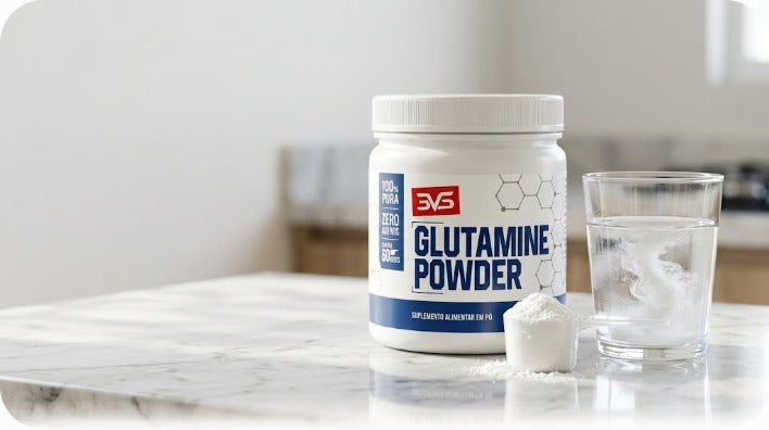 Glutamina — pote, dosador e preparo