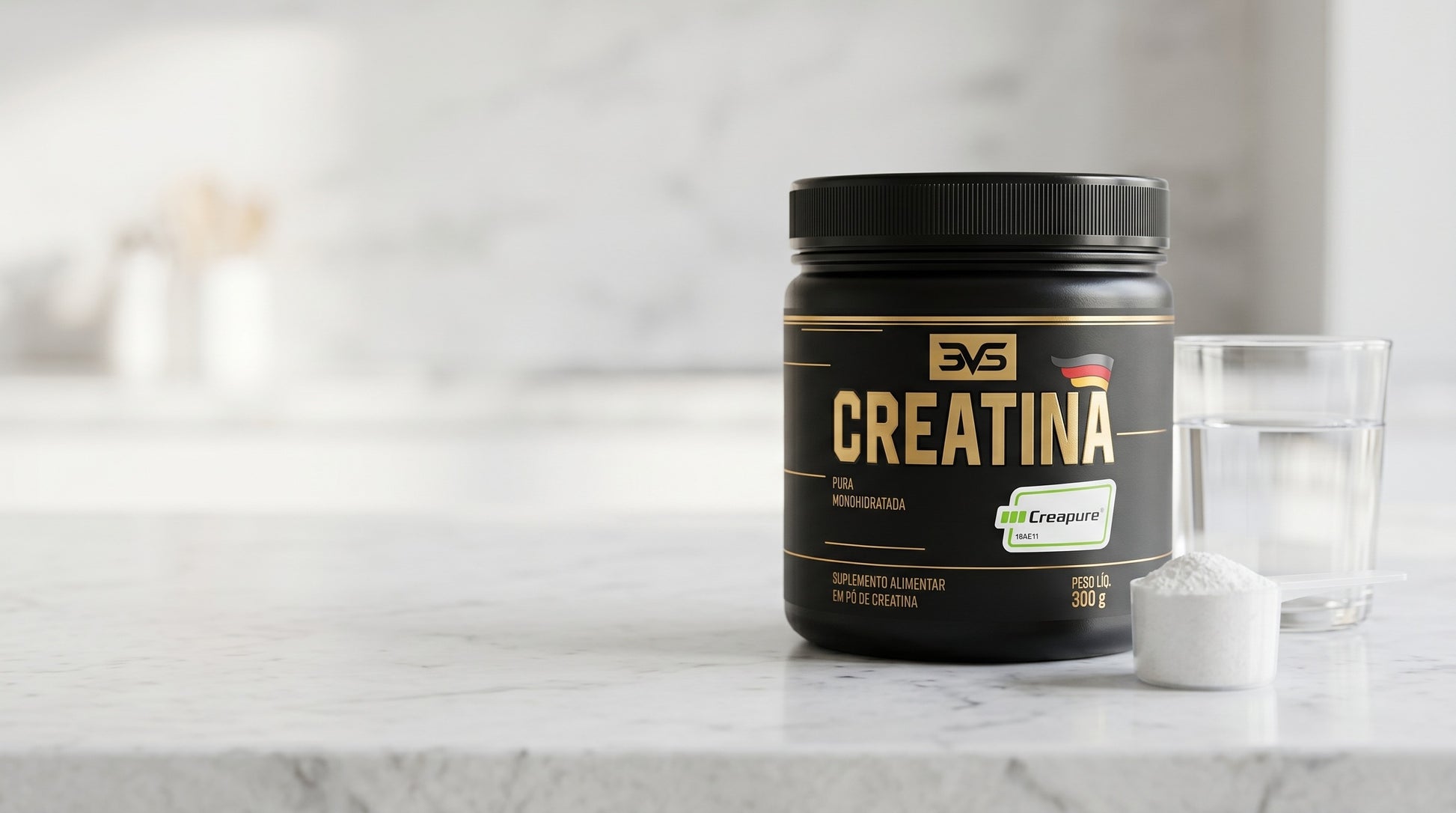 Creatina Creapure — pote, dosador e preparo