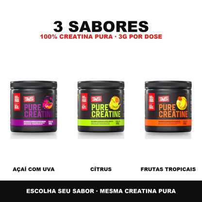 Creatina Pure Saborizada 3VS nos 3 sabores: Açaí com Uva, Cítrus e Frutas Tropicais — mesmo pote, 100% creatina pura