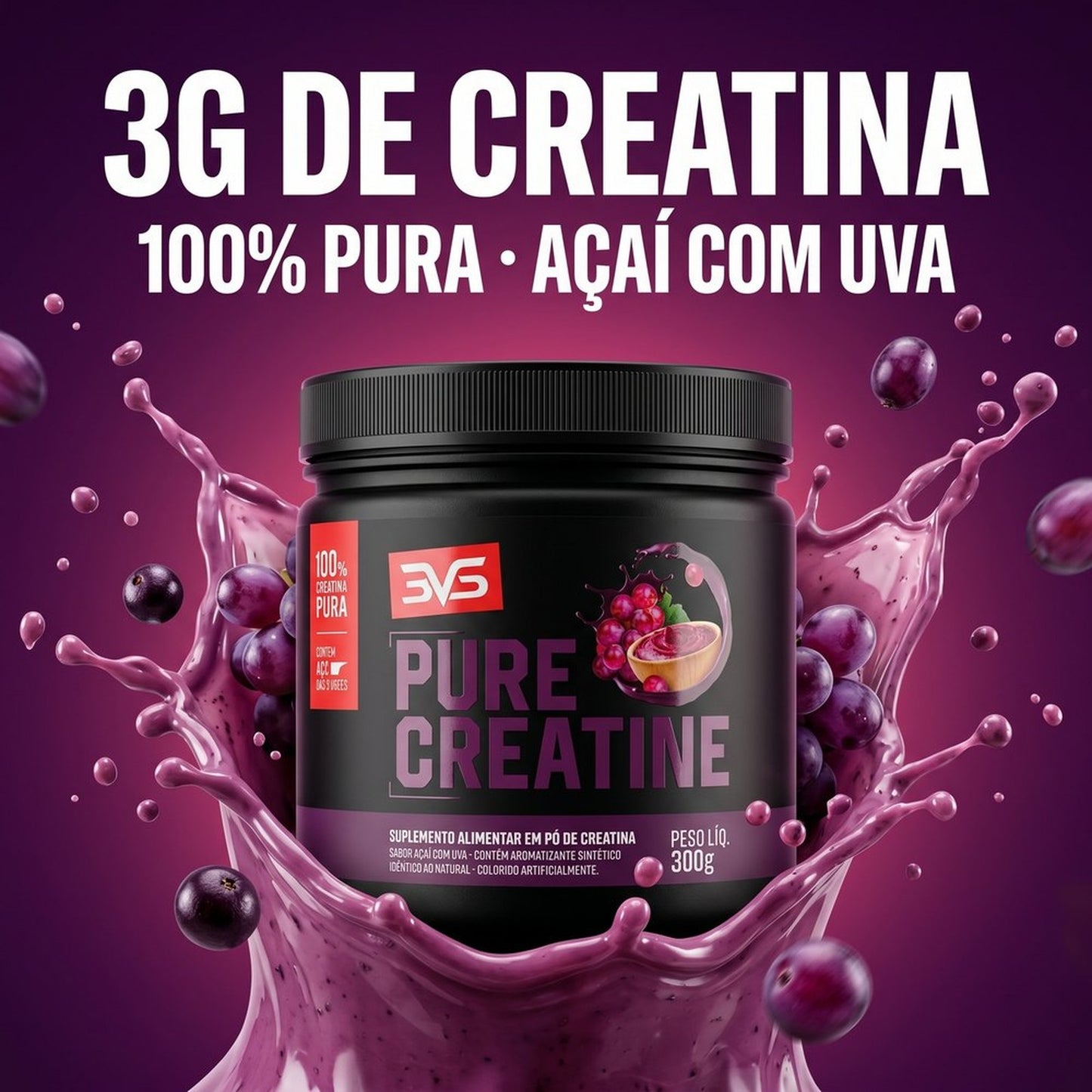 Creatina Pure Saborizada Açaí com Uva — 3g de creatina por dose, 100% pura