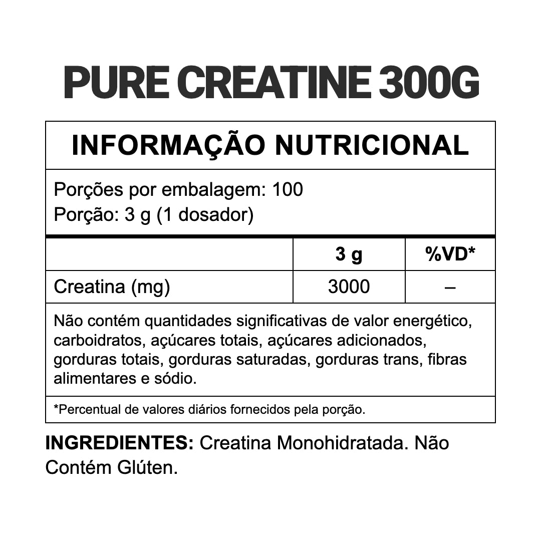 Creatina Monohidratada Pure — informação nutricional (3 g = 3.000 mg por dose)