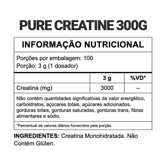 Creatina Monohidratada Pure — informação nutricional (3 g = 3.000 mg por dose)
