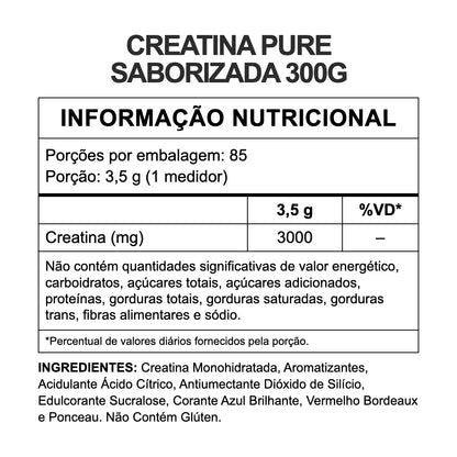 Tabela de informação nutricional da Creatina Pure Saborizada 300g — porção 3,5g, 85 porções, 3000mg de creatina por dose
