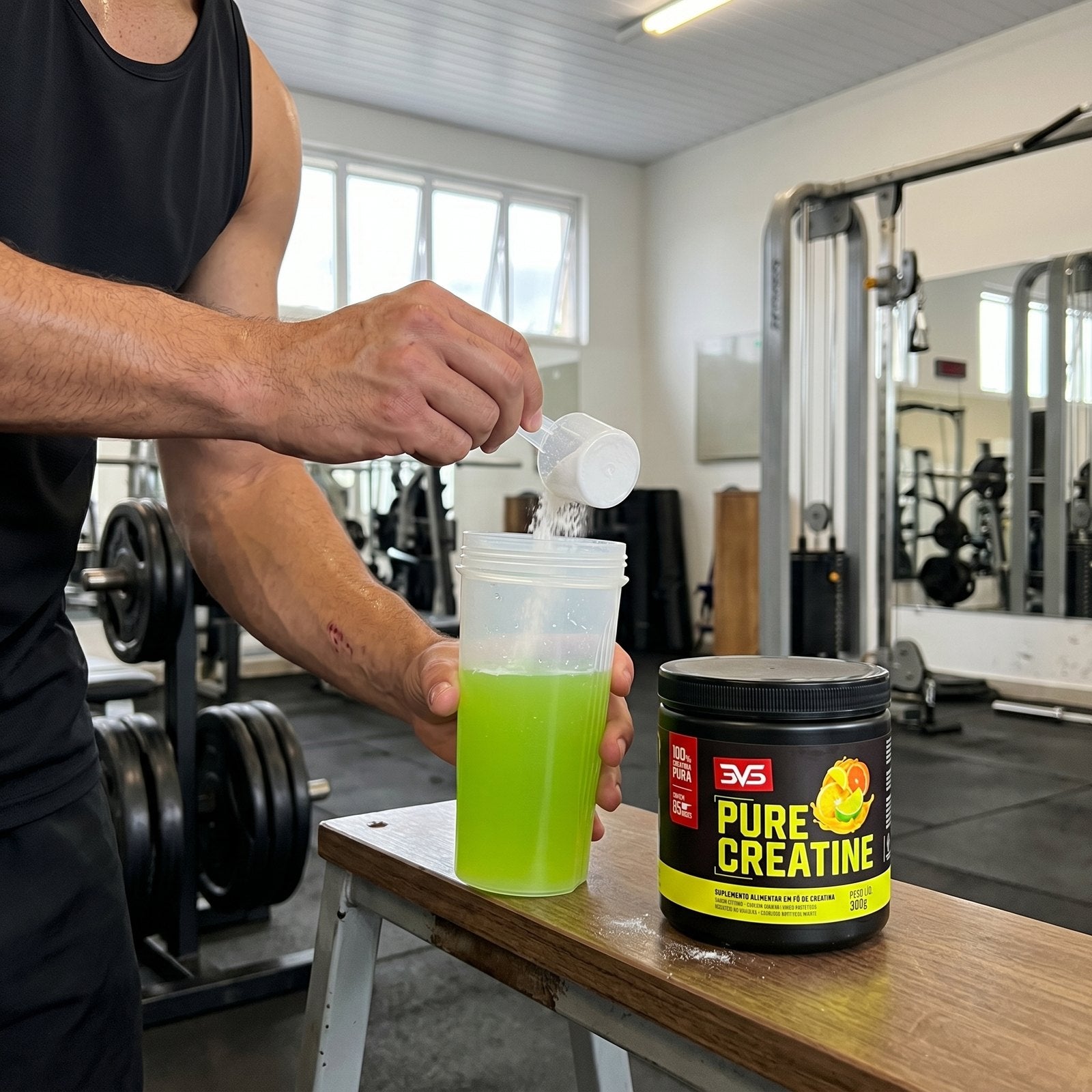Preparo da Creatina Pure Saborizada Cítrus no shaker dentro da academia