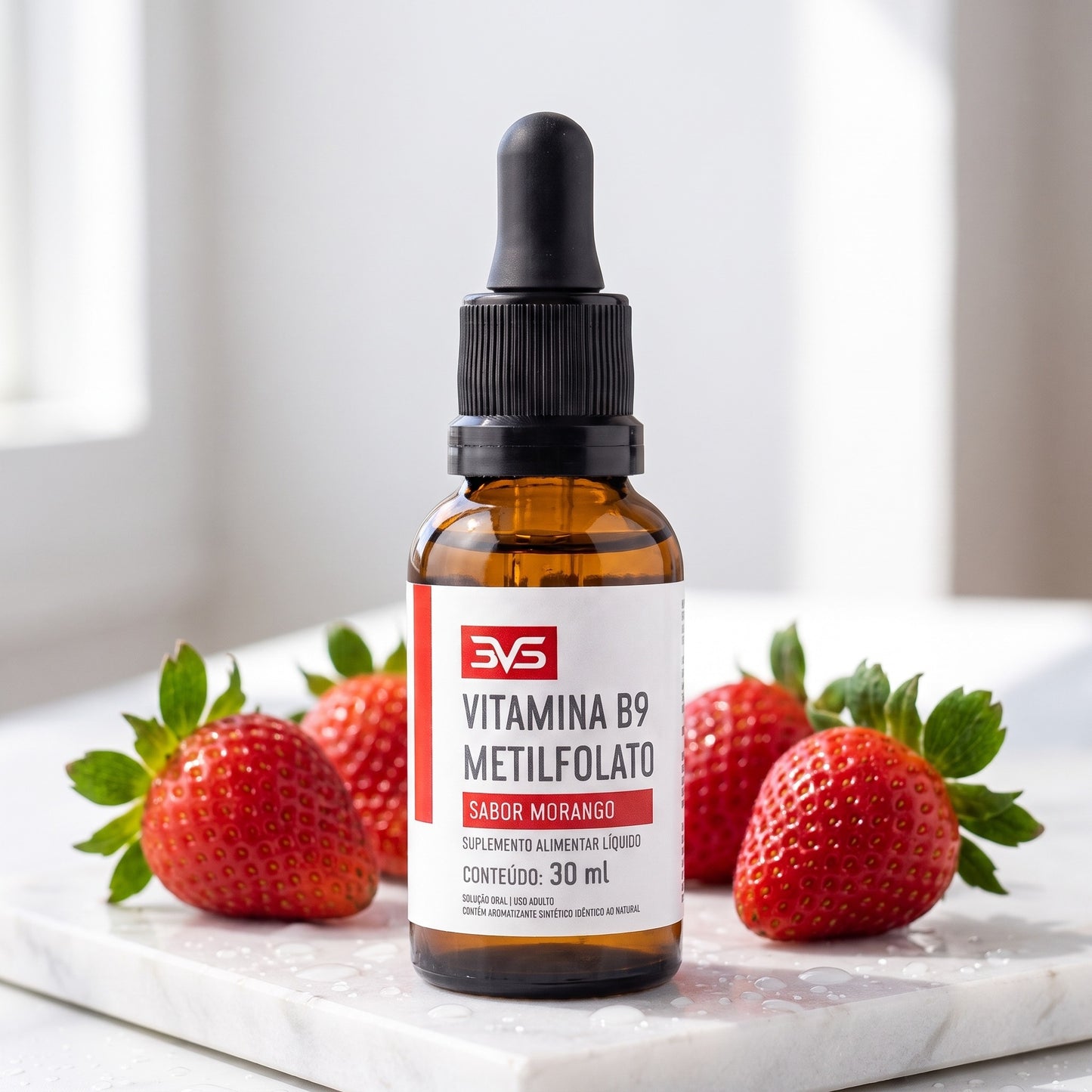 Vitamina B9 Metilfolato Gotas 3VS sabor morango com morangos frescos