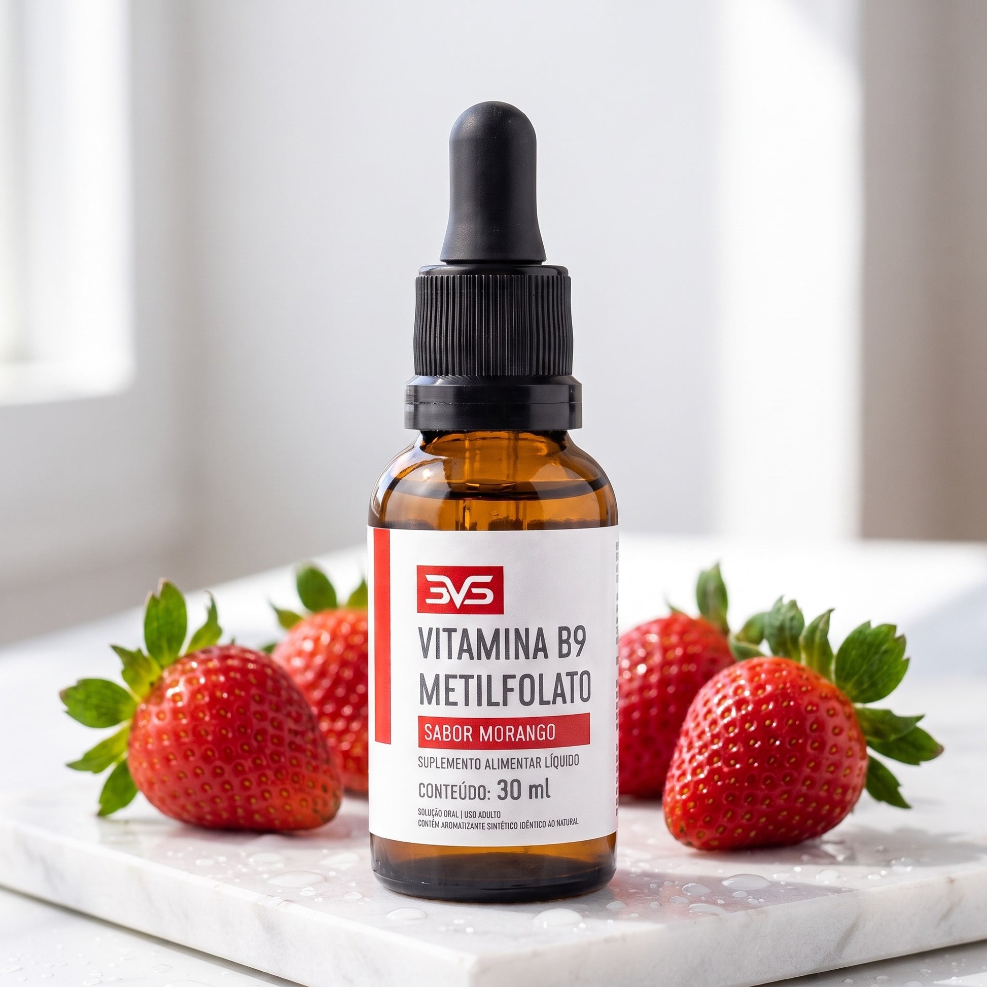 Vitamina B9 Metilfolato Gotas 3VS sabor morango com morangos frescos