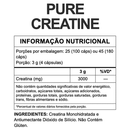 Tabela nutricional Creatina em Cápsulas 3VS — 3g creatina (4 cápsulas), 25 ou 45 porções