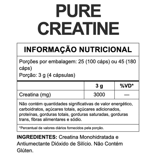 Tabela nutricional Creatina em Cápsulas 3VS — 3g creatina (4 cápsulas), 25 ou 45 porções